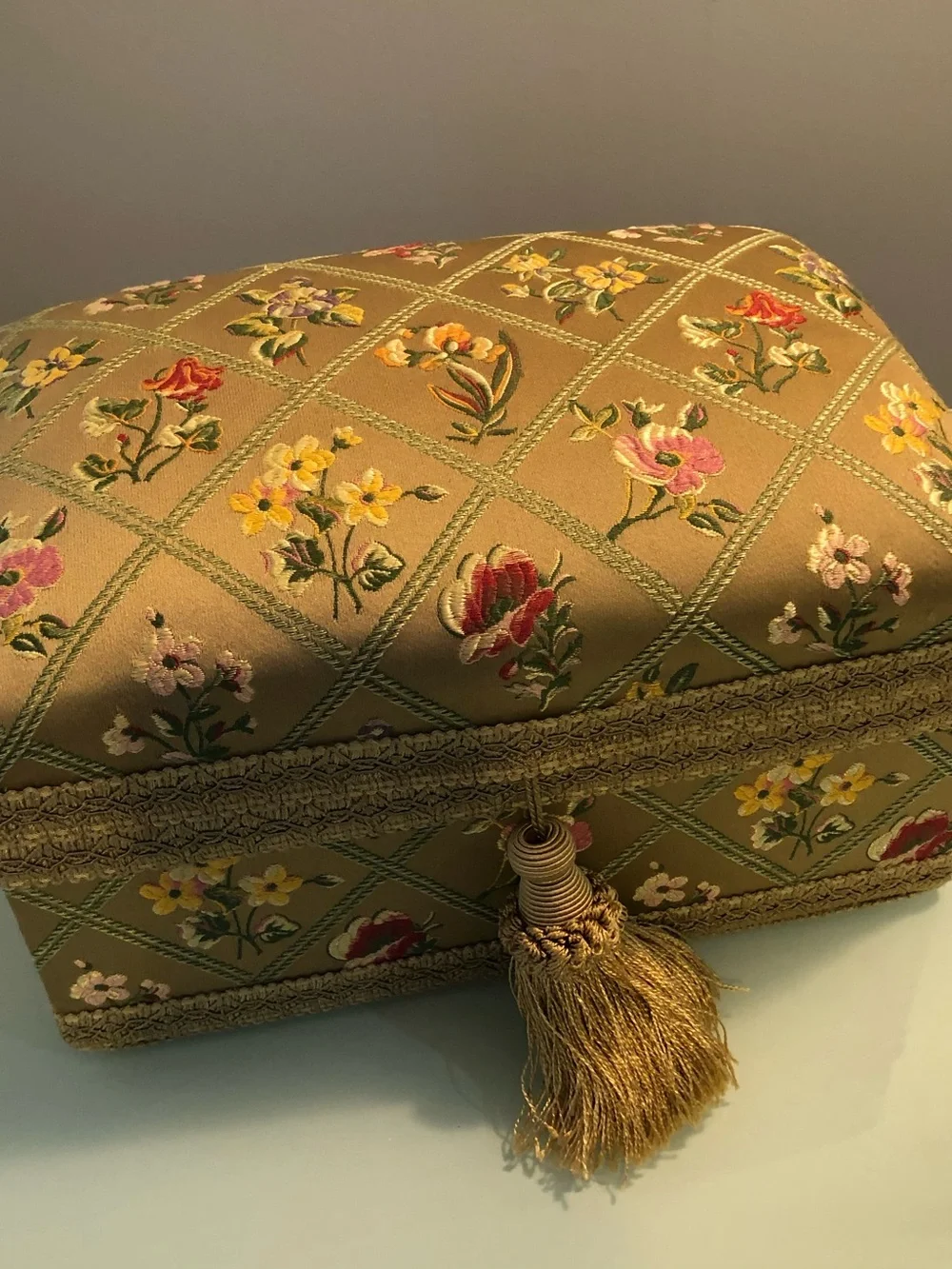 Floral Embroidered Trinket Box with Tassel